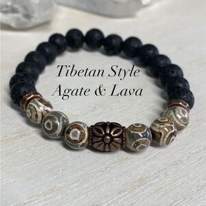 8mm Lava Stone & Tibetan Style Agate Natural Stone Bracelet - Unisex